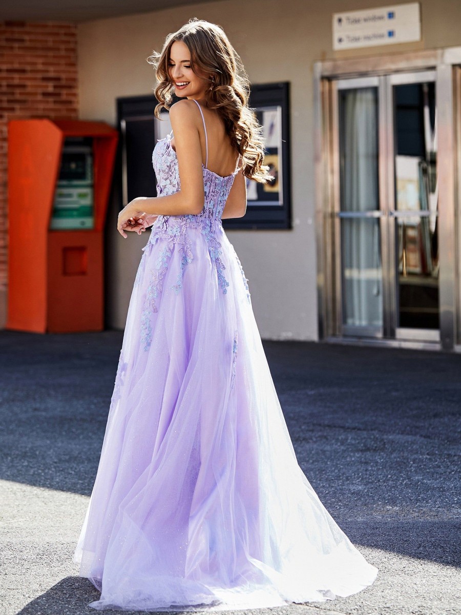 Robes De Soiree BABARONI | Robe De Soiree Applique De A-Ligne A Bretelles Spaghetti En Tulle Lilas