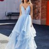 Robes De Soiree BABARONI | Robe De Soiree Princesse Asymetrique En Tulle A Col En V Bleu Ciel Bleu Ciel