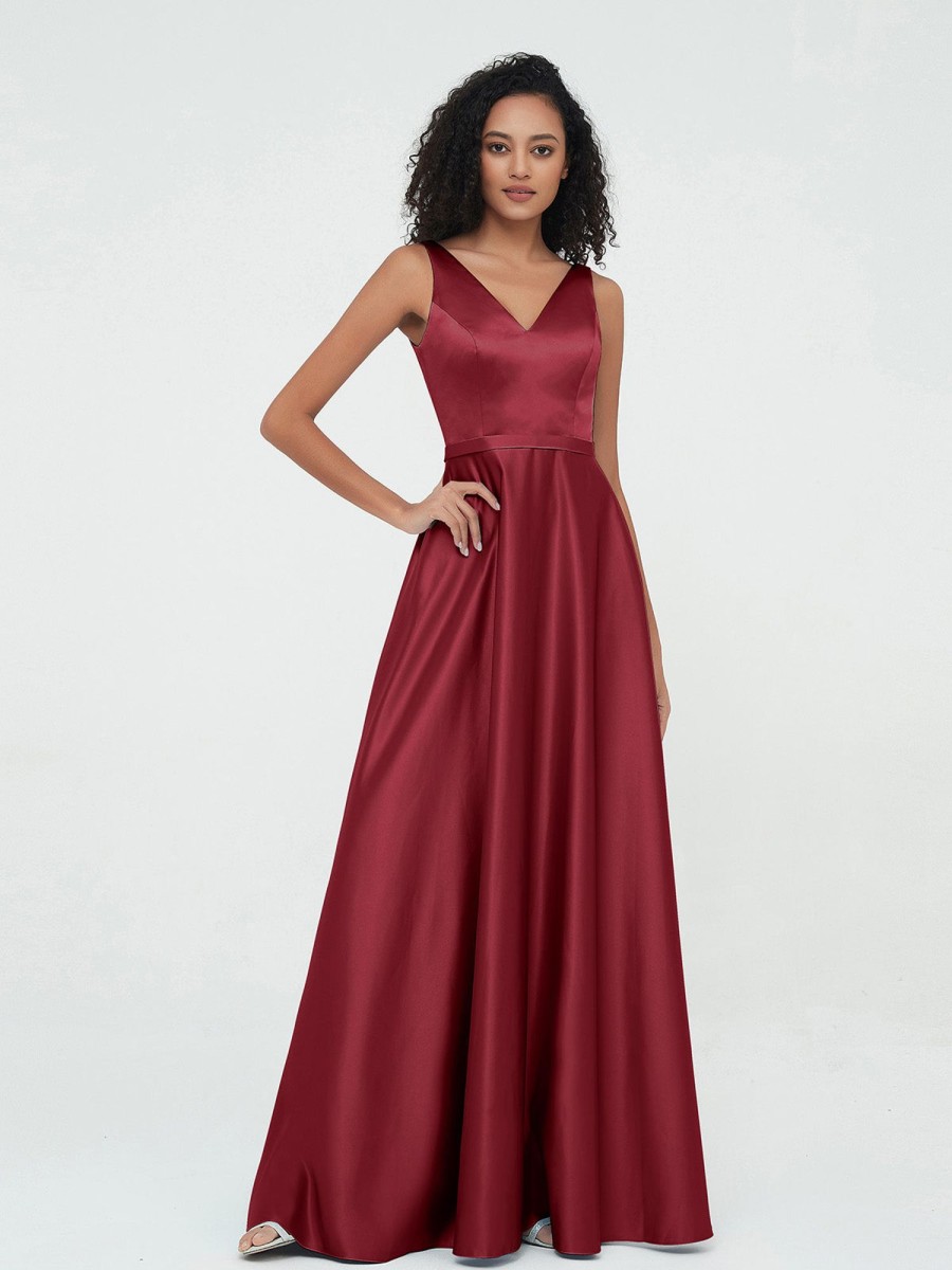 Demoiselles D'Honneur BABARONI | A-Ligne Robes Maxi A Col En V En Satin Avec Poches Bordeaux