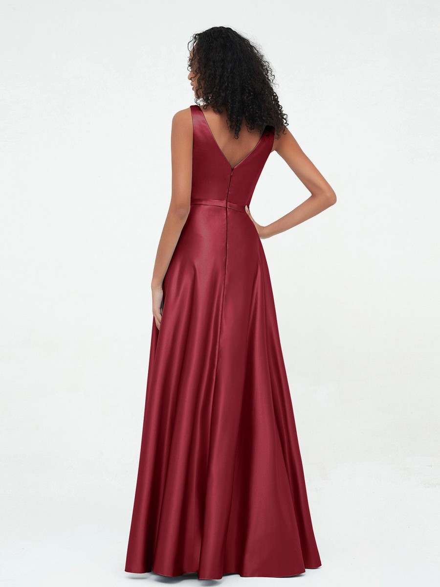 Demoiselles D'Honneur BABARONI | A-Ligne Robes Maxi A Col En V En Satin Avec Poches Bordeaux