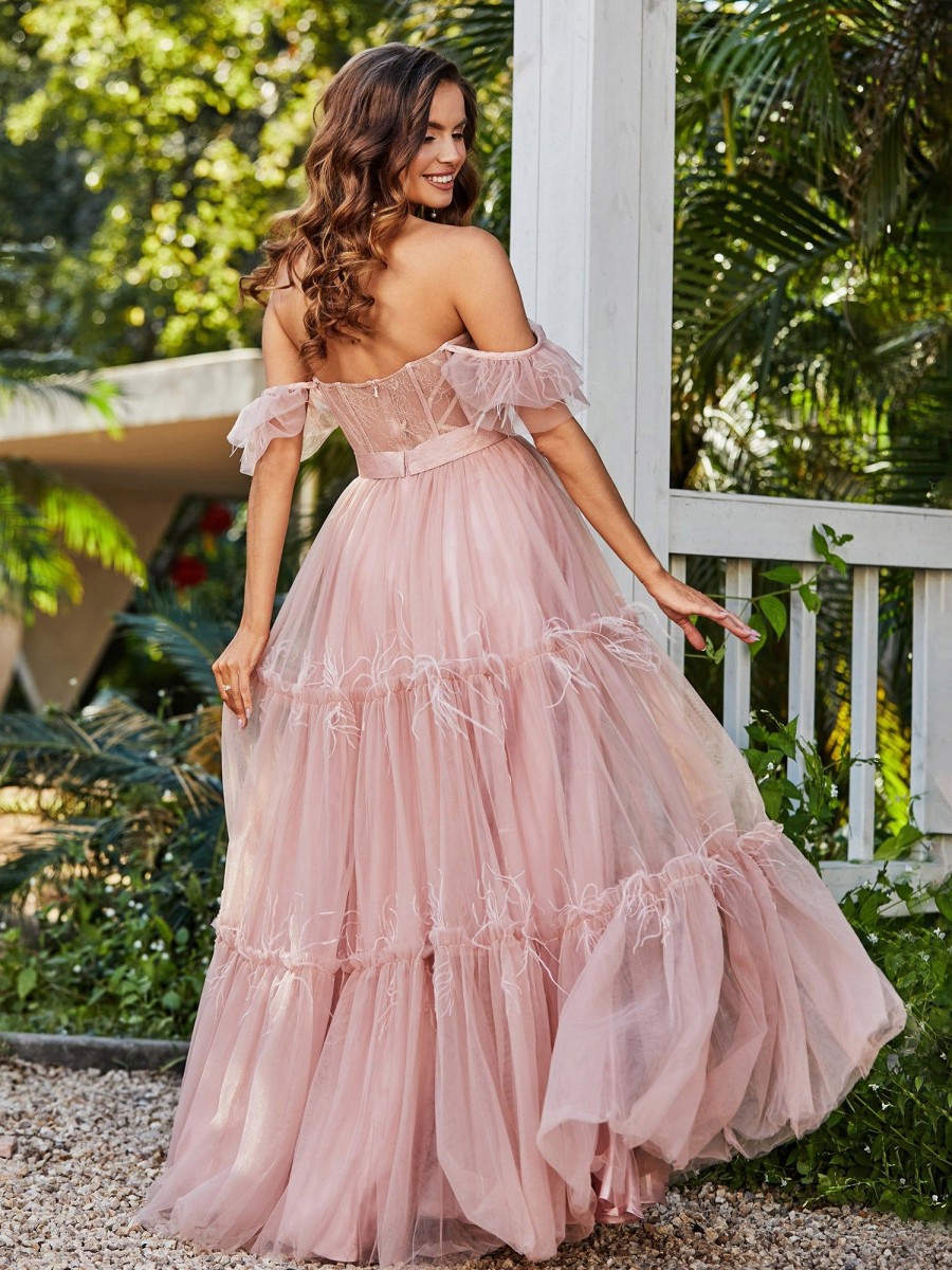 Robe De Bal BABARONI | Robe Plissee En Tulle Longueur Au Sol A Manches Flottantes Rose Poudre