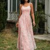 Robe De Bal BABARONI FR | Robe De Bal Florale Appliquee A Bretelles Spaghetti Et Lacet Corail