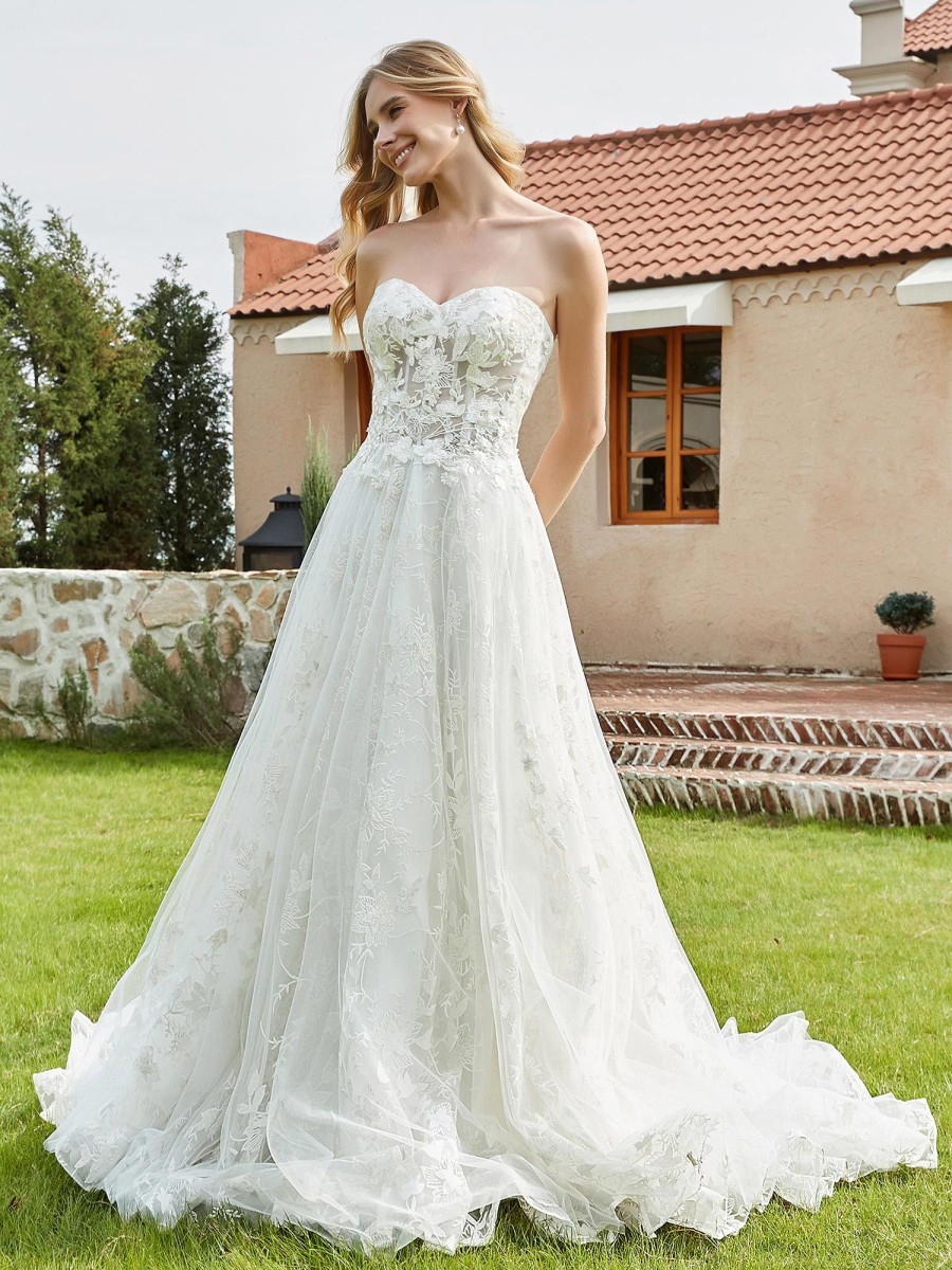 Robes De Mariee BABARONI | Robe De Mariee A Col En Coeur En Tulle Dentelle Appliquee Ivoire