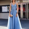 Robes De Soiree BABARONI | Robe En Tulle Appliquee A Bretelles Spaghetti Et Col En V Bleu Poudre