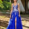 Robes De Soiree BABARONI | Robe De A-Ligne En Tulle A Lacet Et Col En V Bleu Royale