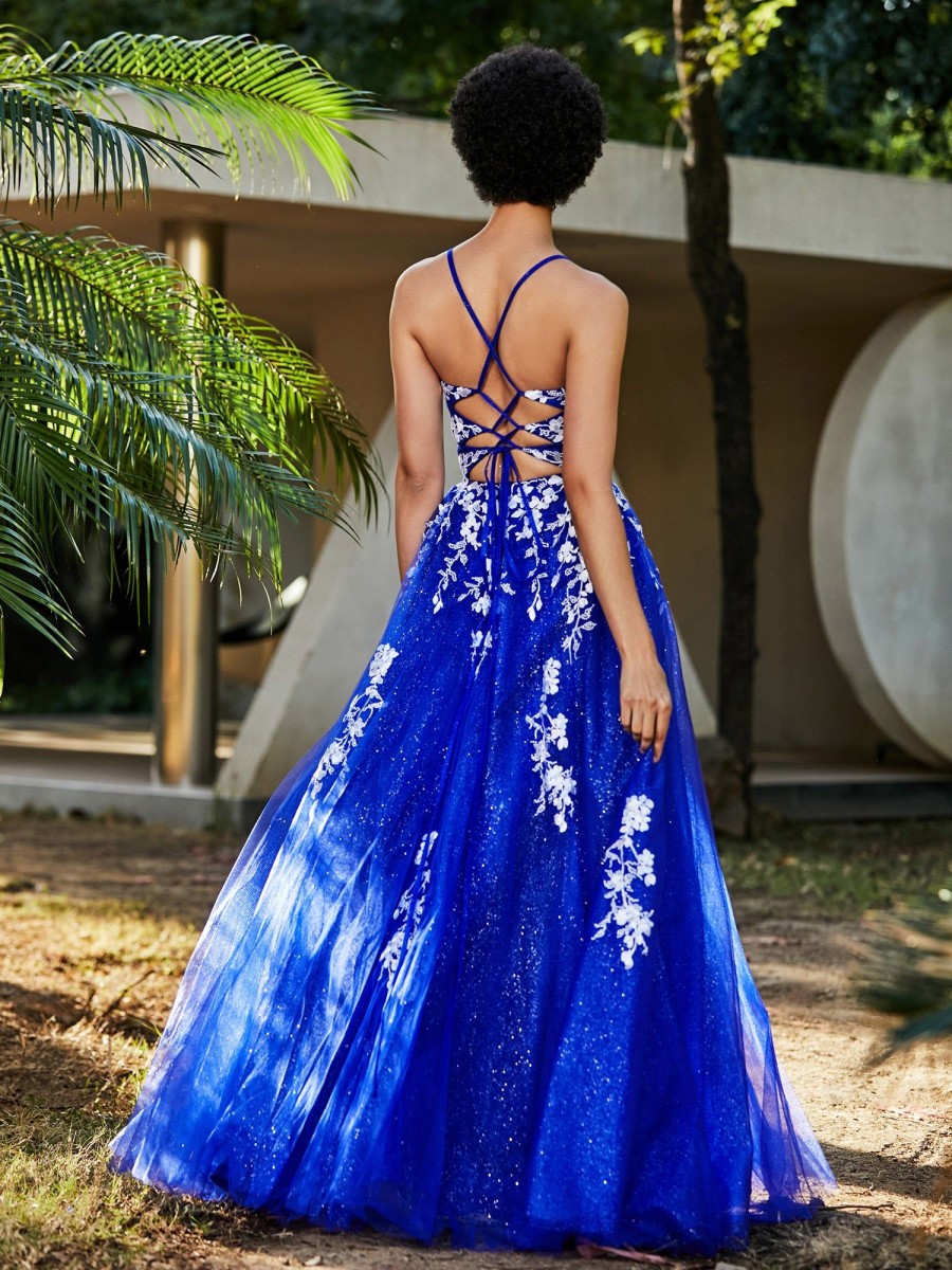 Robes De Soiree BABARONI | Robe De A-Ligne En Tulle A Lacet Et Col En V Bleu Royale