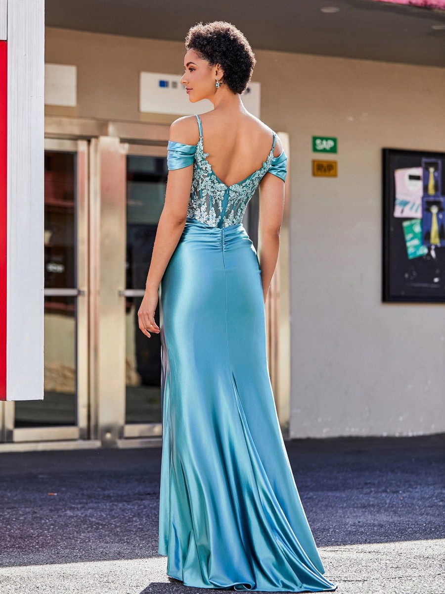 Robes De Soiree BABARONI | Robe Sirene En Satin Extensible A Hors De L'Epaule Teal