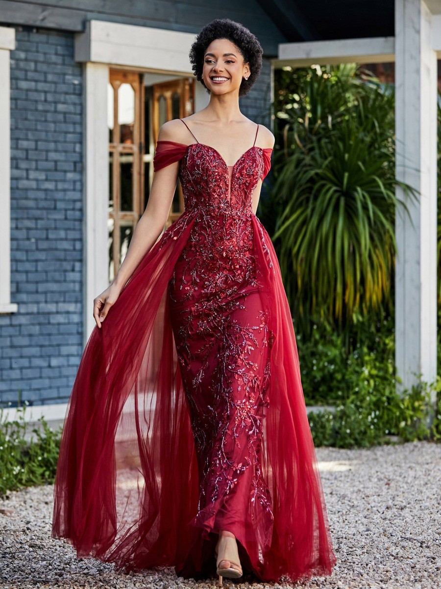 Robes De Soiree BABARONI | Robe De Soiree En Tulle Fourreau A Bretelles Spaghetti Bordeaux