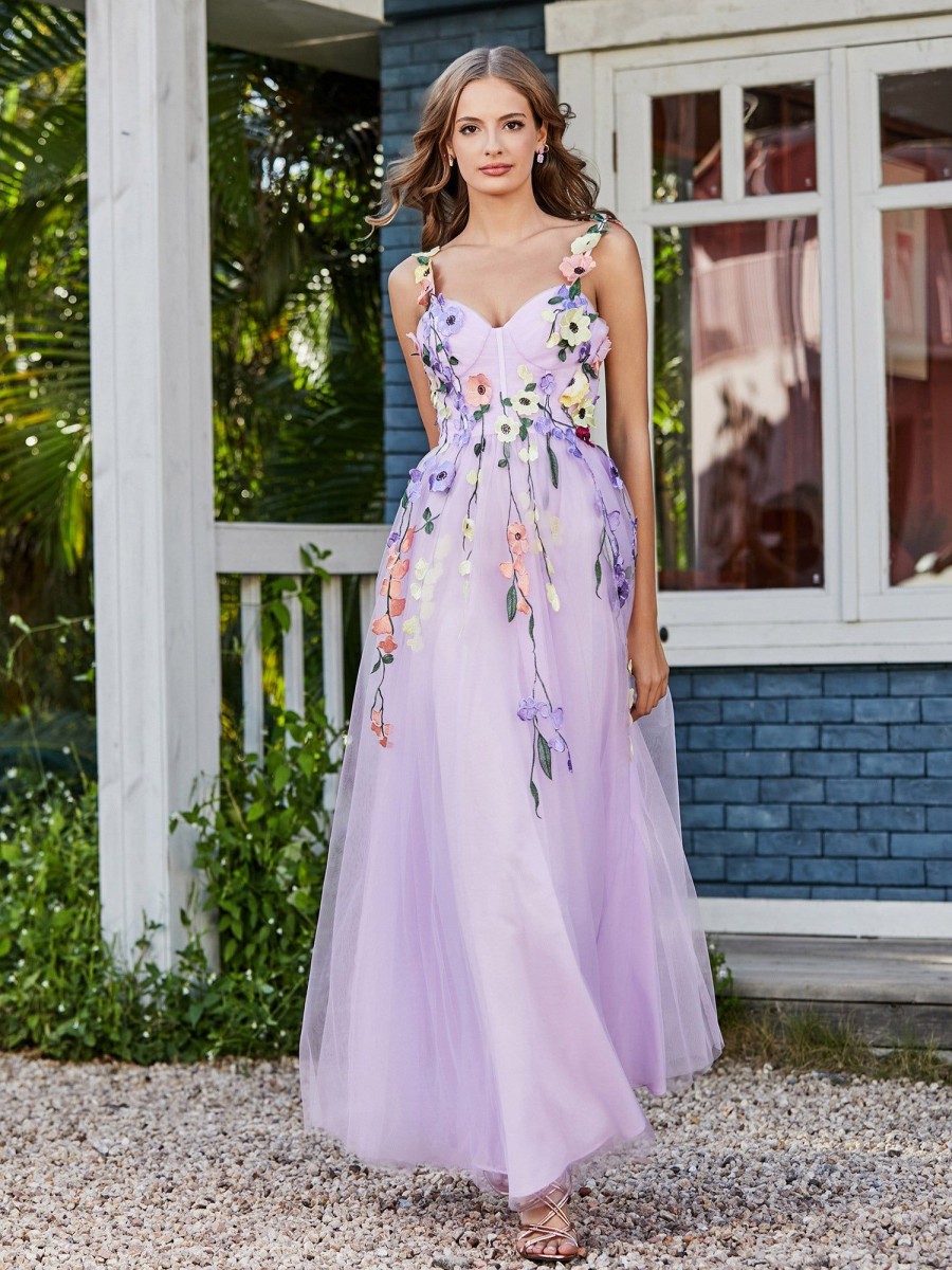 Robes De Soiree BABARONI | Robe De A-Ligne En Tulle Longeur De Mollet A Col En Coeur Lilas