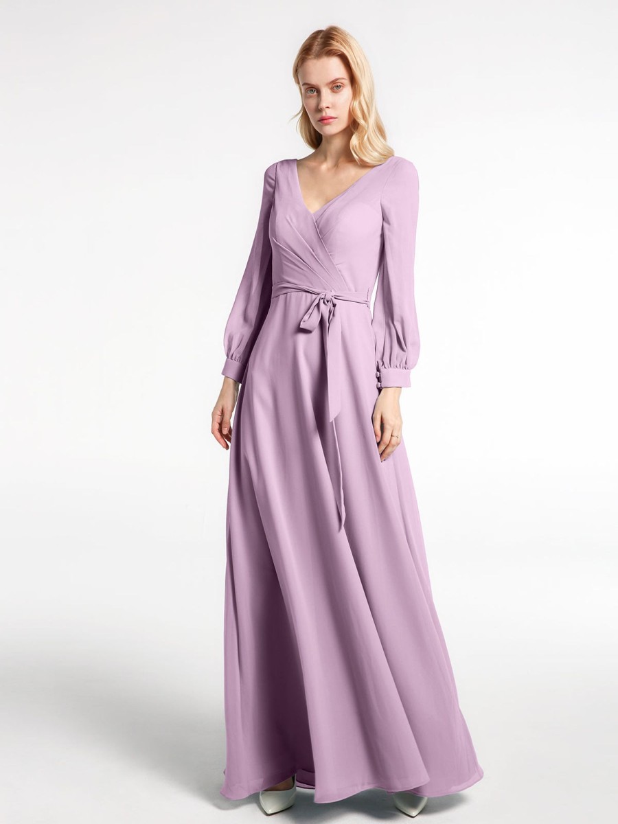 Mere BABARONI | Robe En Mousseline A Col En V Et Manches Evasees Avec Noeud Glycine