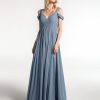 Demoiselles D'Honneur BABARONI | Robe Longue Taille Empire A Hors De L'Epaule Avec Fente Bleu Poudre