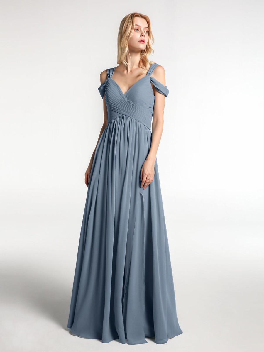 Demoiselles D'Honneur BABARONI | Robe Longue Taille Empire A Hors De L'Epaule Avec Fente Bleu Poudre