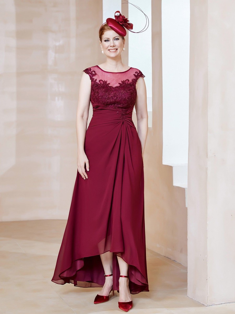 Mere BABARONI FR | Robe En Mousseline A Encolure Illusion Avec Dentelle Bordeaux