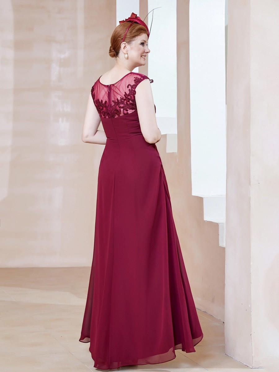 Mere BABARONI FR | Robe En Mousseline A Encolure Illusion Avec Dentelle Bordeaux