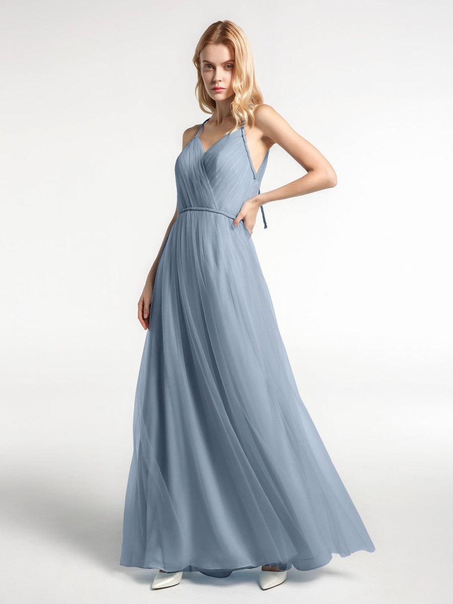 Demoiselles D'Honneur BABARONI | Robe Longue En Tulle A Bretelles Torsadees Avec Decollete En V Bleu Poudre