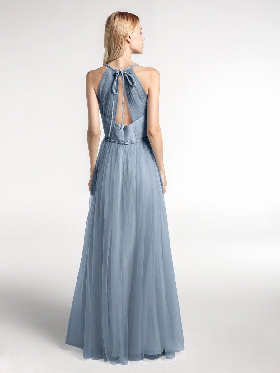 Demoiselles D'Honneur BABARONI | Robe Longue En Tulle A Bretelles Torsadees Avec Decollete En V Bleu Poudre