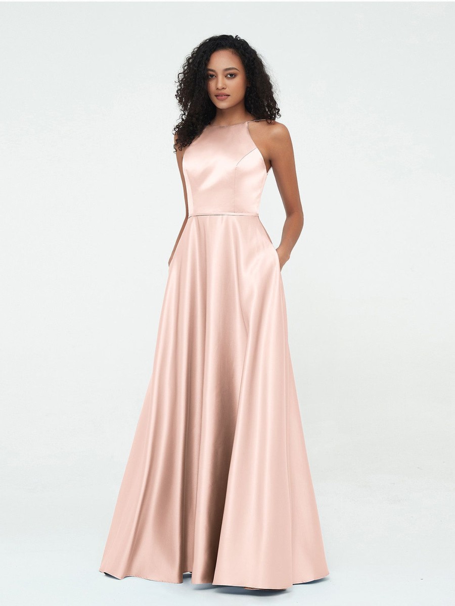 Demoiselles D'Honneur BABARONI | A-Ligne Robes Maxi A Licou En Satin Avec Poches Rose Perle