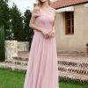 Demoiselles D'Honneur BABARONI | Robe Plissee En Tulle Sans Manches A Une Epaule Rose Poudre