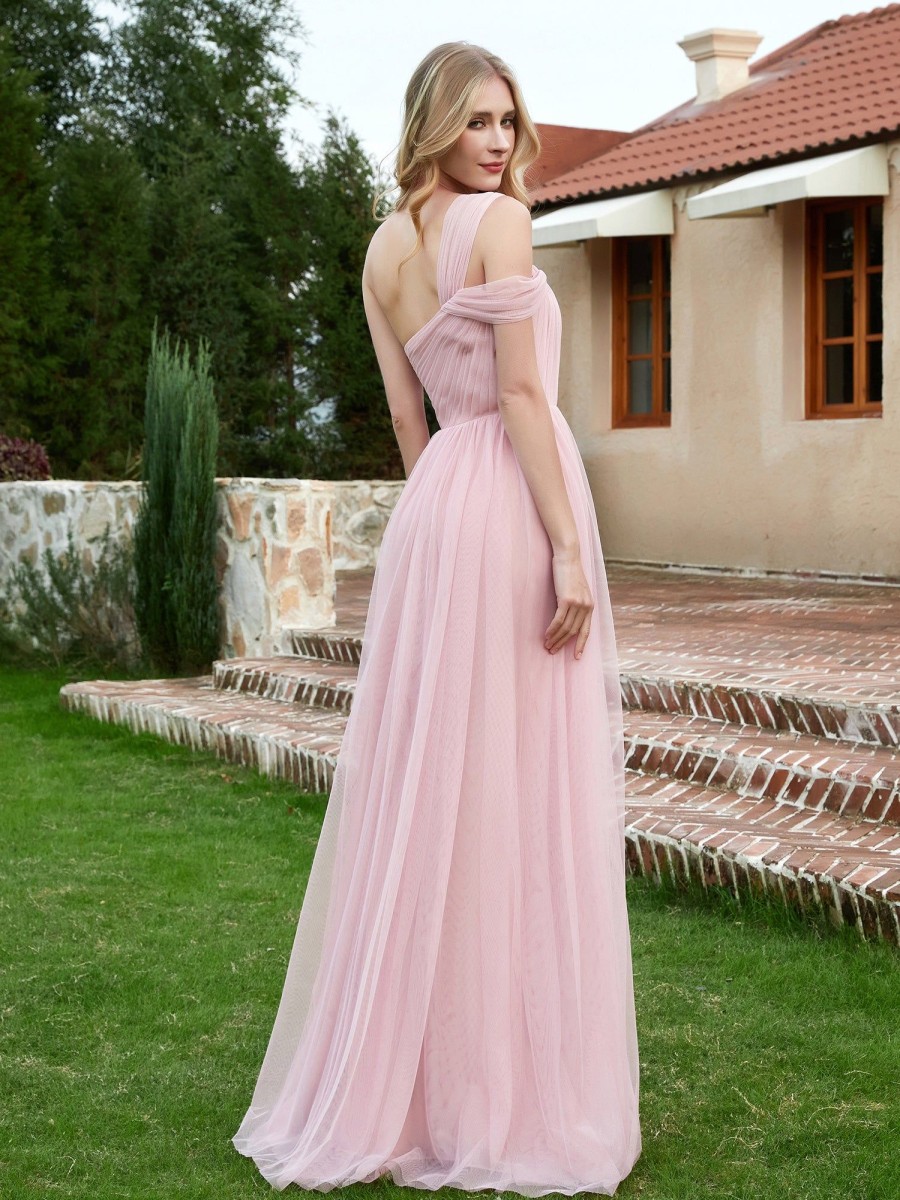 Demoiselles D'Honneur BABARONI | Robe Plissee En Tulle Sans Manches A Une Epaule Rose Poudre