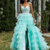 Robe De Bal BABARONI FR | Robe En Tulle A Plusieurs Niveaux Avec Jupe A Volants Et Fente Turquoise