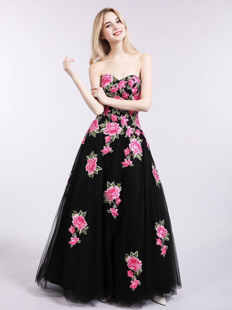 Robes De Soiree BABARONI | Sans Bretelle Floral Tulle Robe Formelle Noir