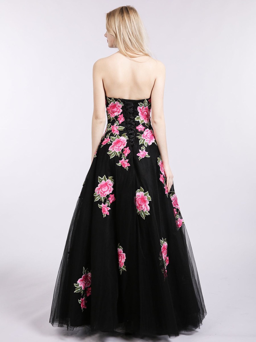 Robes De Soiree BABARONI | Sans Bretelle Floral Tulle Robe Formelle Noir