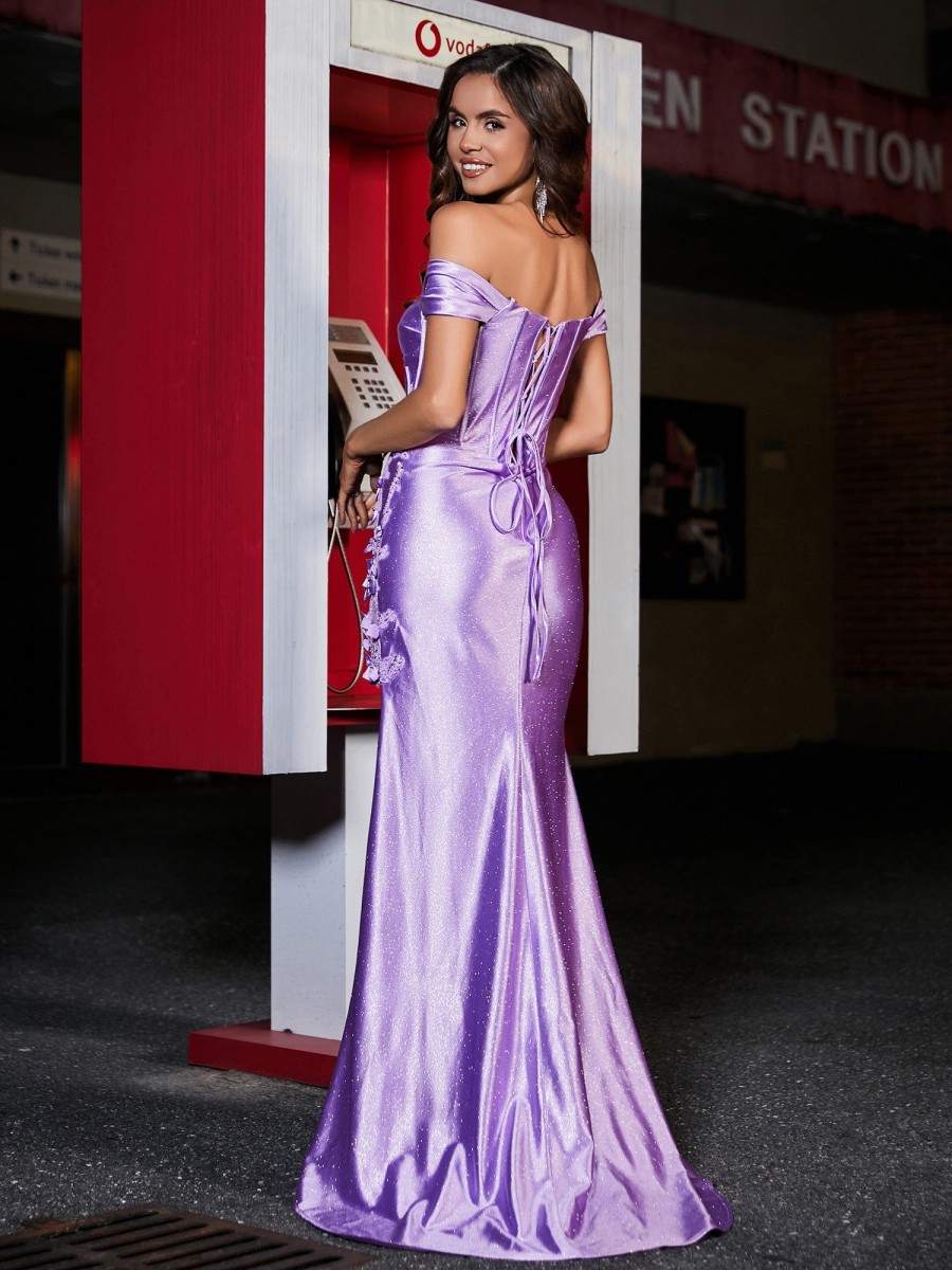 Robes De Soiree BABARONI | Robe De Soiree En Satin Sirene A Hors De L'Epaule Avec Traine Balayage Lilas