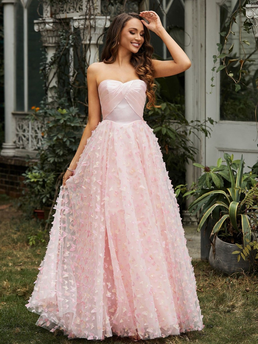 Robe De Bal BABARONI FR | Ball Gown Appliquee De Papillons A Col En Coeur Rose