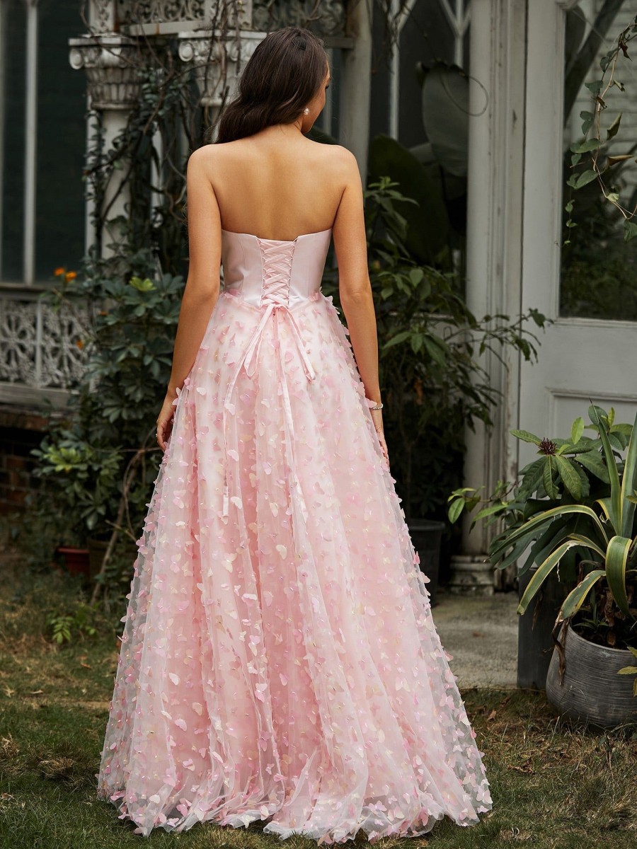 Robe De Bal BABARONI FR | Ball Gown Appliquee De Papillons A Col En Coeur Rose