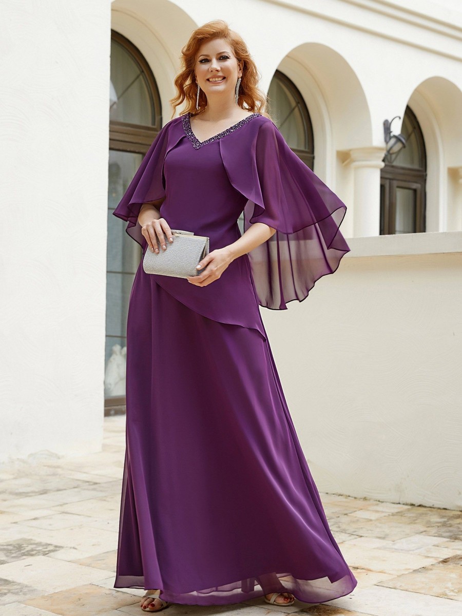 Mere BABARONI FR | Robe Perlee Longueur Au Sol Avec Manches Flottantes A Col En V Raisin