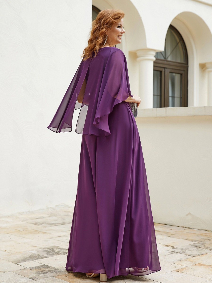 Mere BABARONI FR | Robe Perlee Longueur Au Sol Avec Manches Flottantes A Col En V Raisin