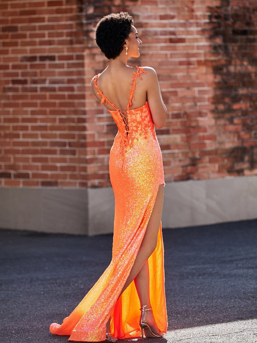 Robes De Soiree BABARONI | Robe Trompette En Paillettes Appliquee Avec Fente Orange