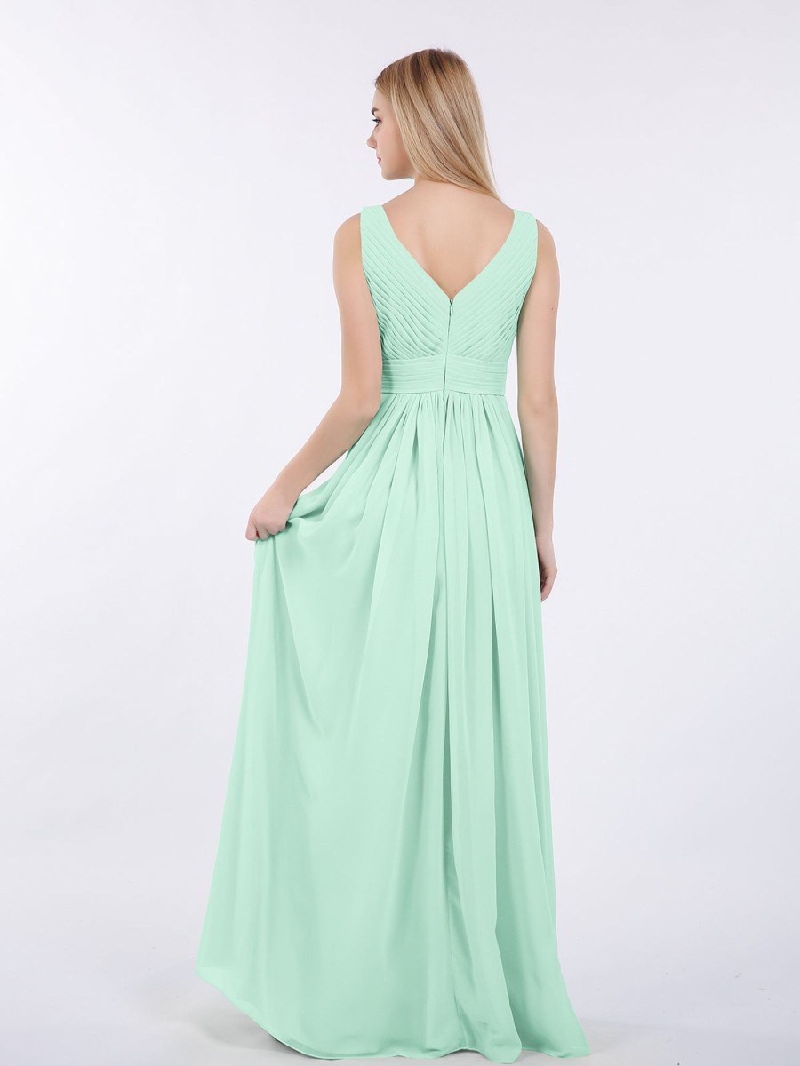 Demoiselles D'Honneur BABARONI | Col En V Pleine Longueur Mousseline Robe Avec Plisse Bustier Vert Menthe