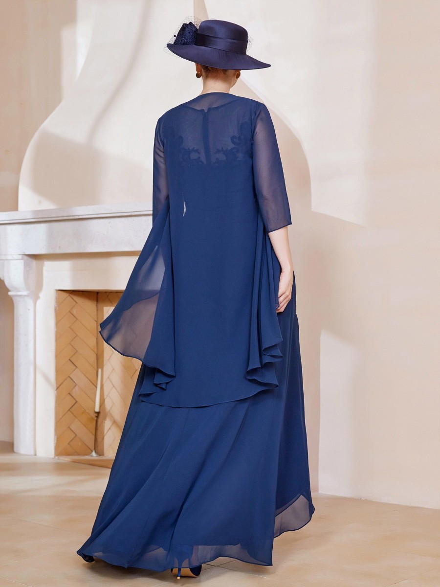 Mere BABARONI FR | Robe En Mousseline A Col Illusion Avec Veste Bleu Marine