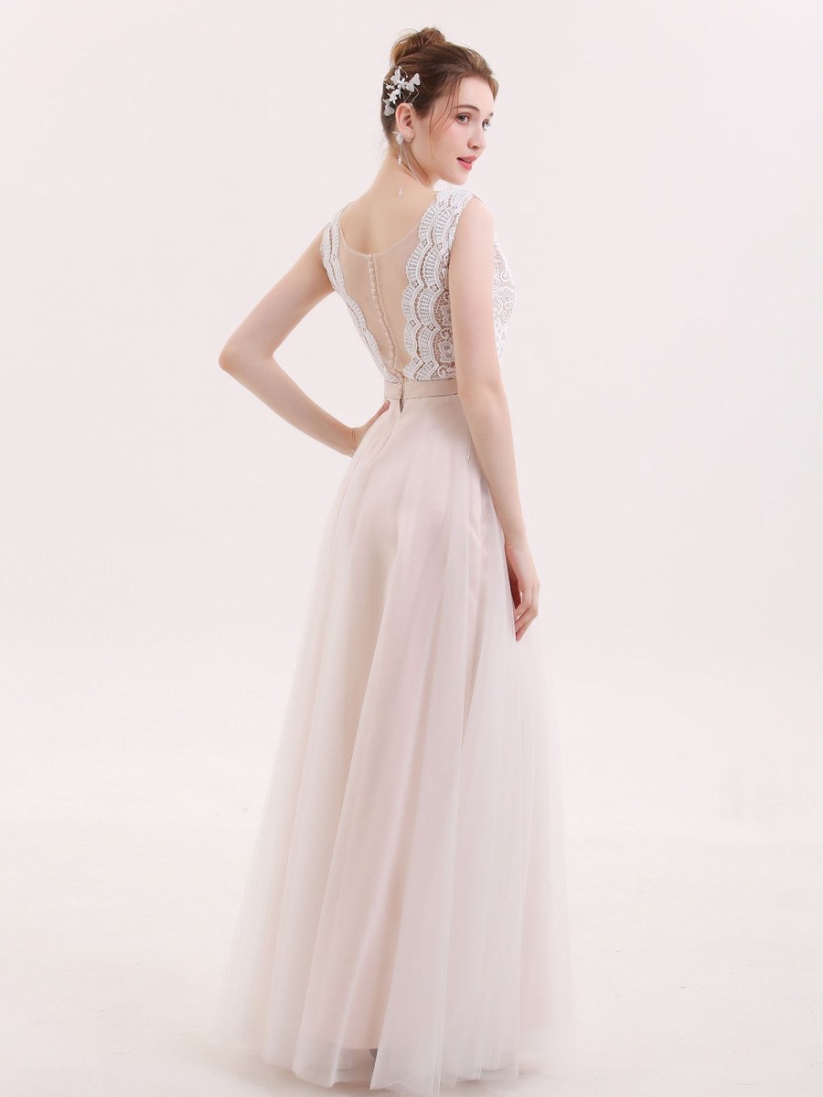 Robes De Mariee BABARONI | Col En V Dentelle Bustier Longue Robe Avec Jupe Tulle Champagne