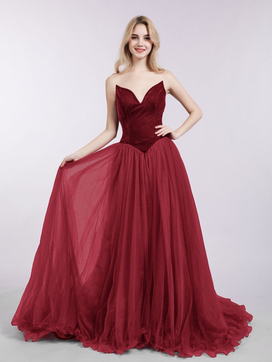 Robes De Soiree BABARONI | Col En Coeur Tulle Robe Avec Traine Bordeaux