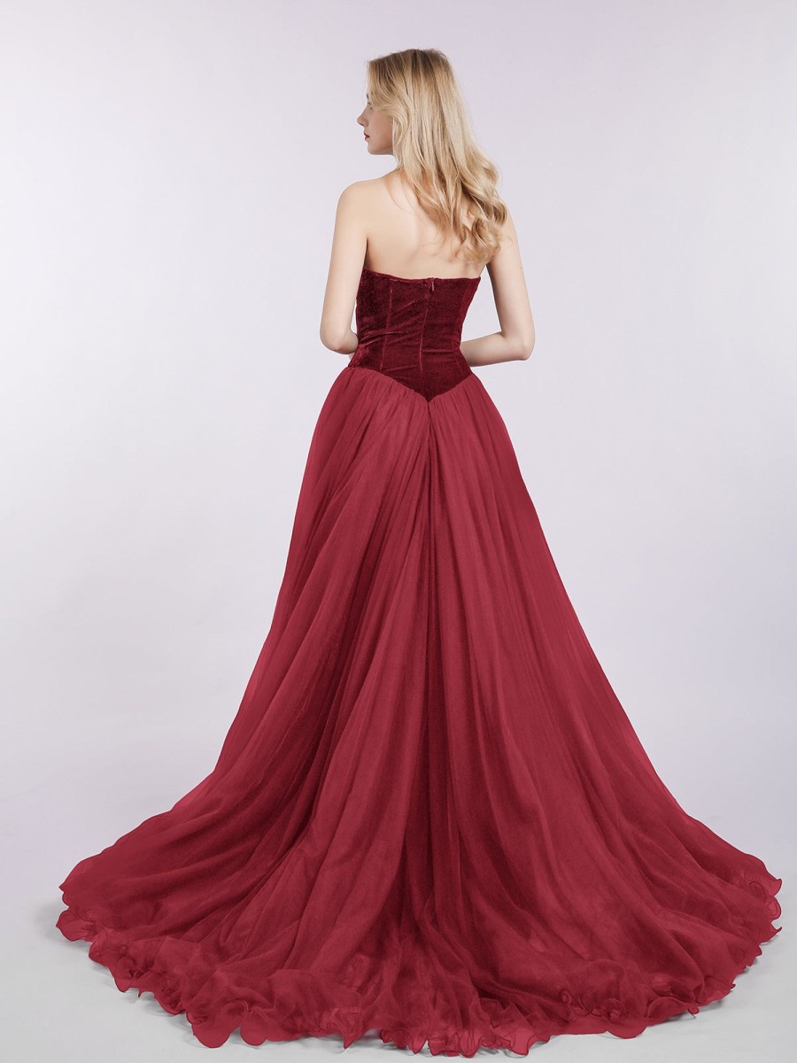 Robes De Soiree BABARONI | Col En Coeur Tulle Robe Avec Traine Bordeaux