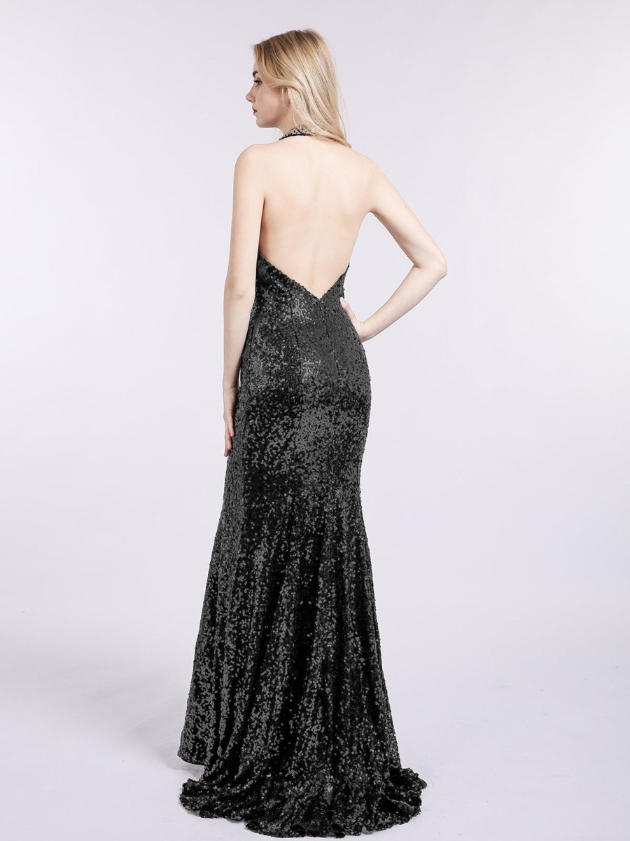 Robes De Soiree BABARONI | Licou Plus Bas Dos Paillettes Sirene Robe Noir