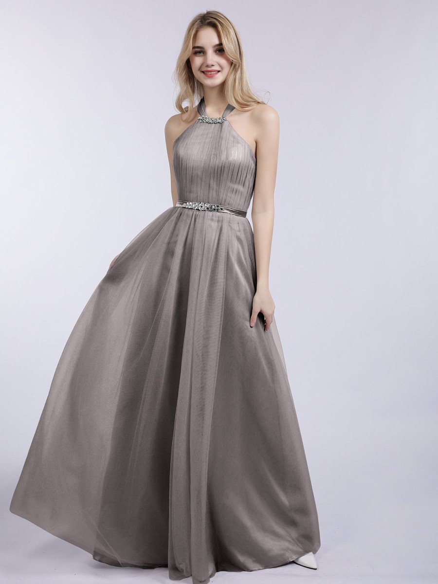 Robe De Bal BABARONI | Licou Tulle Avec Perle Robe Longue Argent