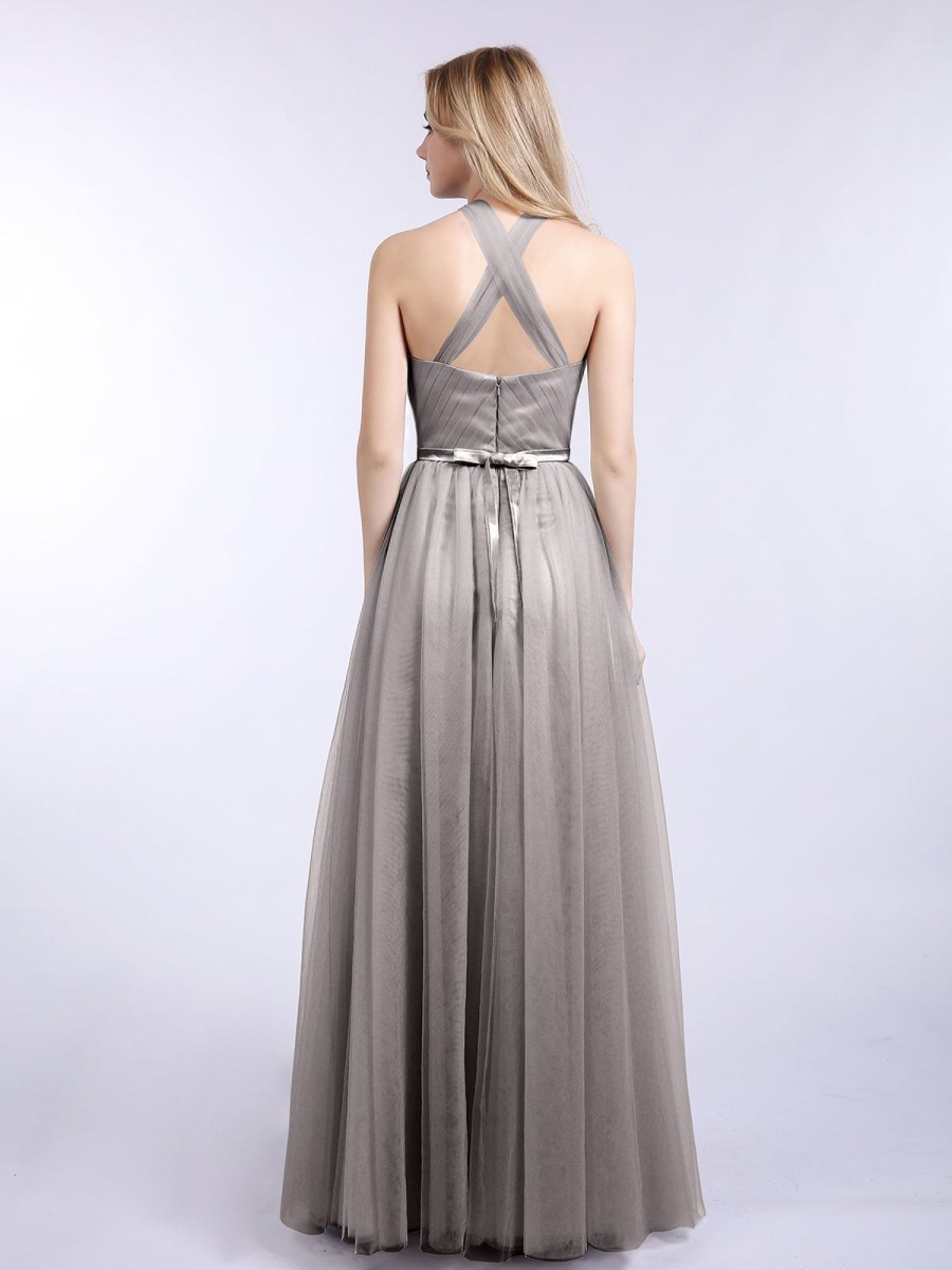 Robe De Bal BABARONI | Licou Tulle Avec Perle Robe Longue Argent