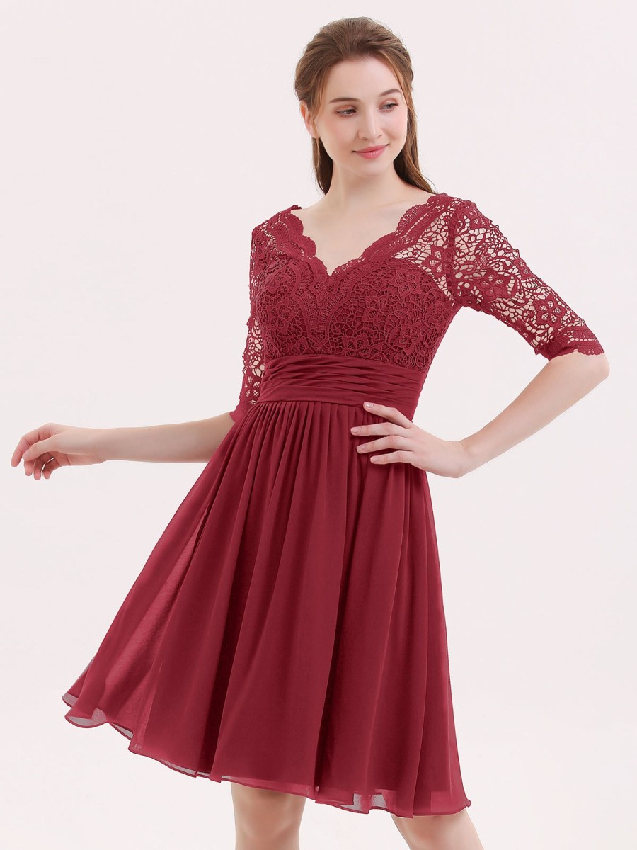 Mere BABARONI | Dentelle Et Mousseline Robe Courte Avec Demi-Manches Bordeaux