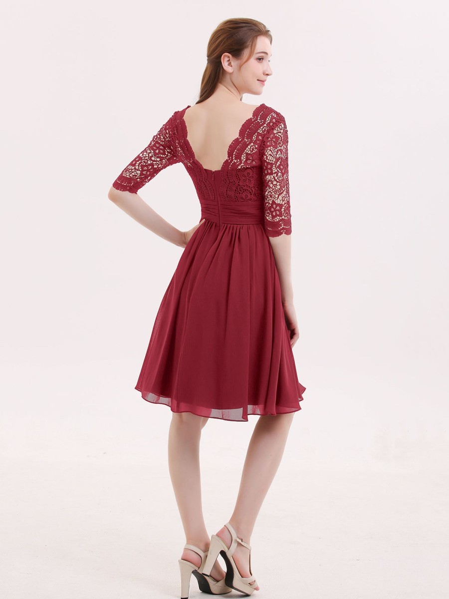 Mere BABARONI | Dentelle Et Mousseline Robe Courte Avec Demi-Manches Bordeaux