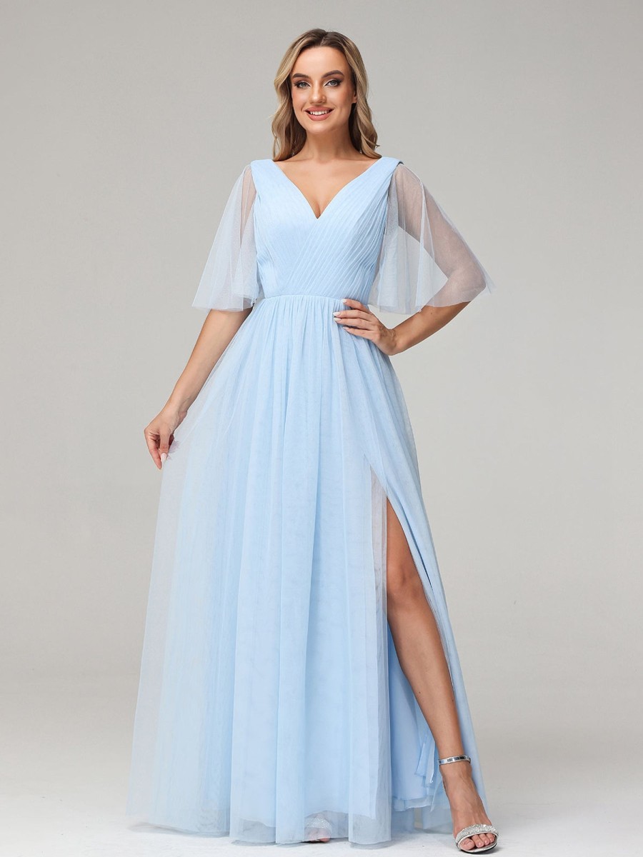 Demoiselles D'Honneur BABARONI | A-Ligne Col En V Robes Maxi En Tulle Avec Dos En V Profond Bleu Ciel