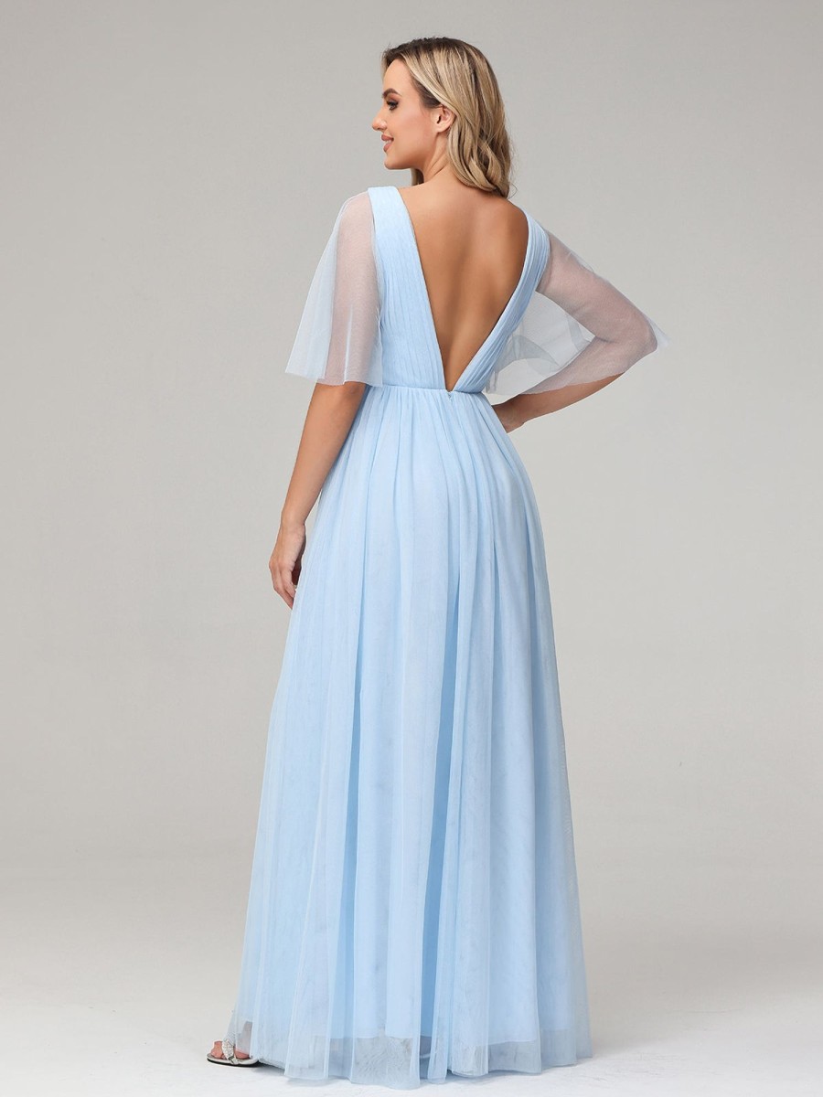 Demoiselles D'Honneur BABARONI | A-Ligne Col En V Robes Maxi En Tulle Avec Dos En V Profond Bleu Ciel