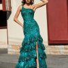 Robes De Soiree BABARONI | Robe Trompette A Une Epaule En Dentelle Et Paillettes Vert Fonce