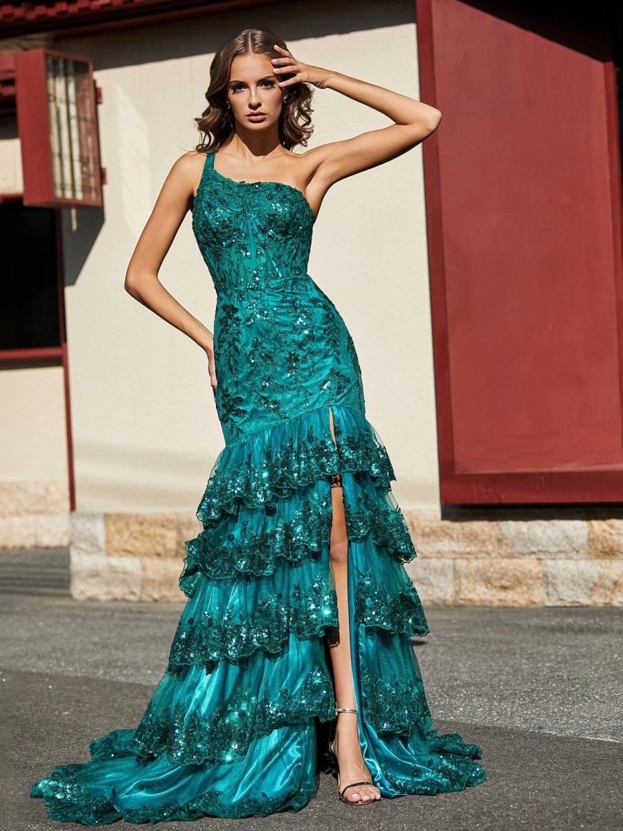 Robes De Soiree BABARONI | Robe Trompette A Une Epaule En Dentelle Et Paillettes Vert Fonce