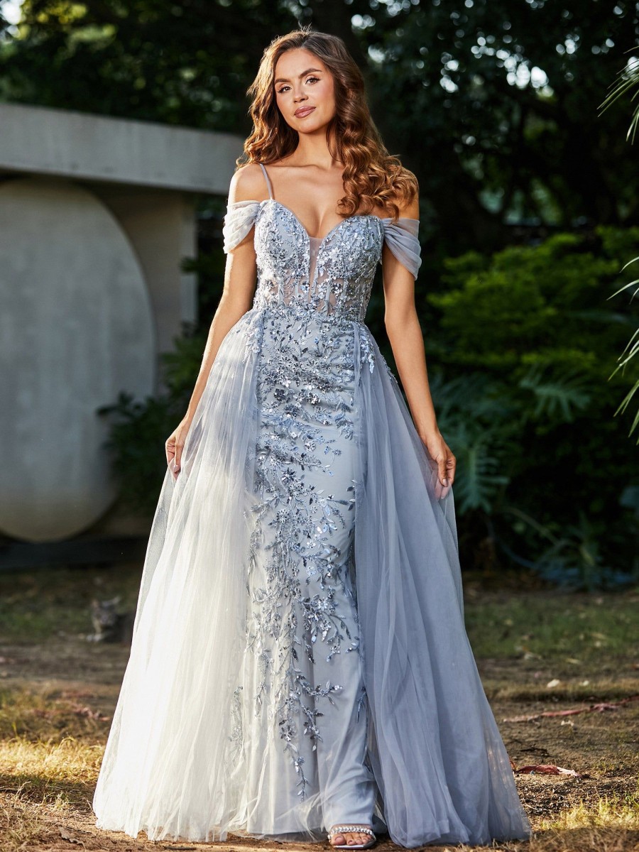 Robes De Soiree BABARONI | Robe De Soiree En Tulle Fourreau A Bretelles Spaghetti Argent