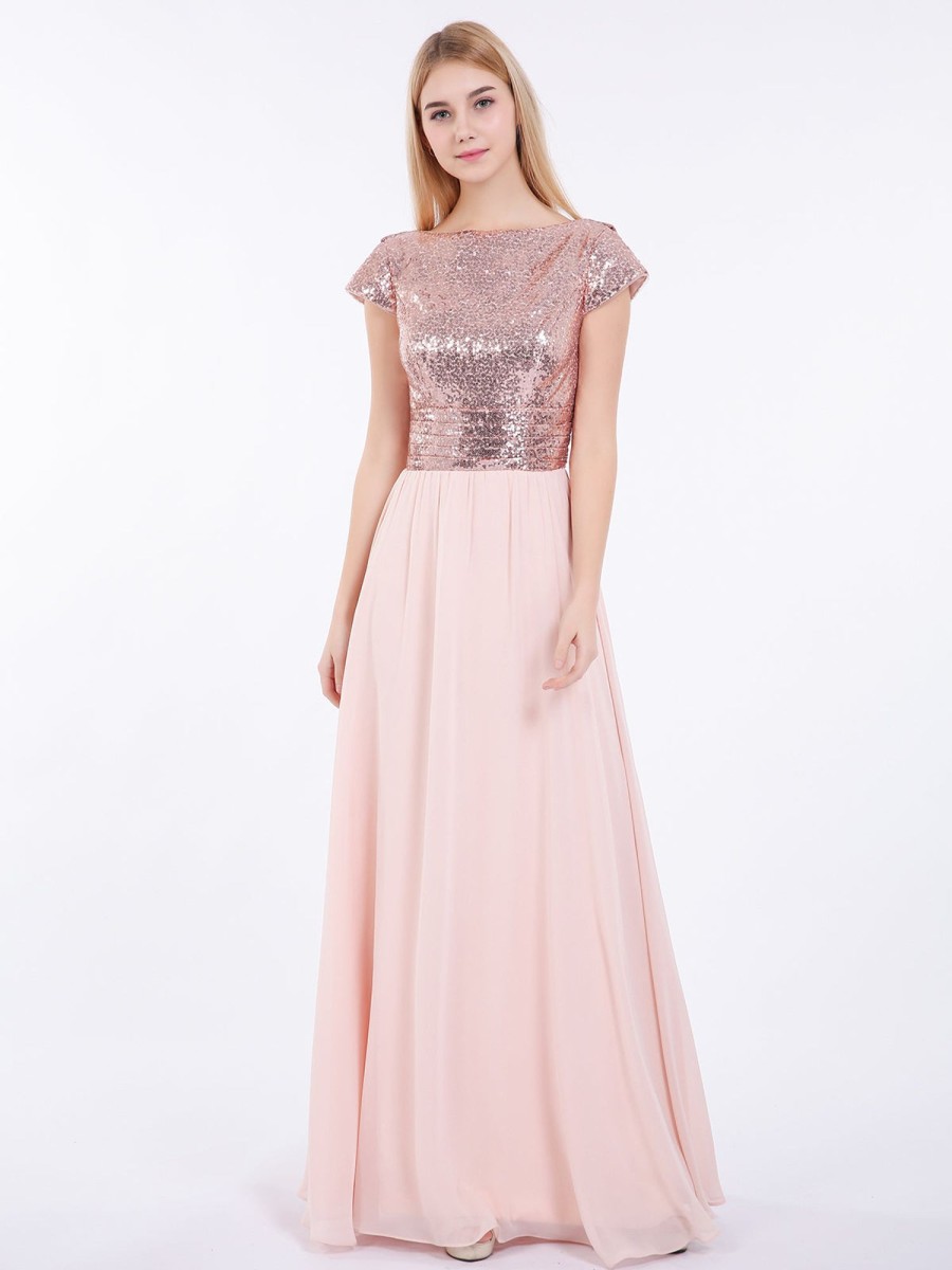 Robes De Soiree BABARONI | Paillettes Robe Longue Avec Mancherons Or Rose