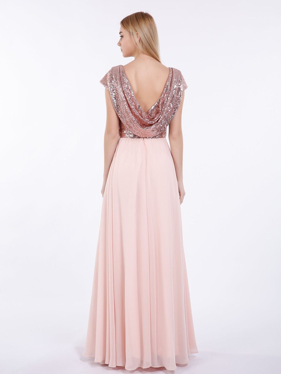 Robes De Soiree BABARONI | Paillettes Robe Longue Avec Mancherons Or Rose