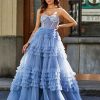 Robes De Soiree BABARONI | Robe De Soiree De A-Ligne En Tulle A Col En Coeur Avec Traine Balayage Bleu Poudre